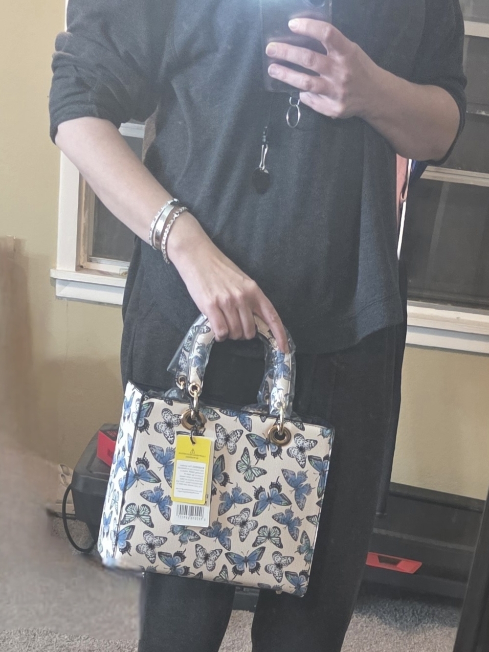 Butterfly Print Top-Handle Bag in Blue and White